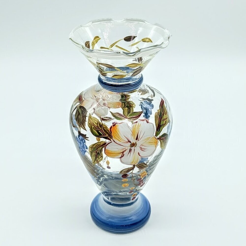 Tracy Porter Hand-Painted Blue Floral Glass Bud Vase